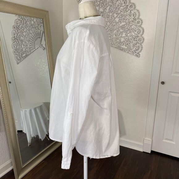 Preppy Boho White Cotton Button Up Long Sleeve Oversized Blouse Top L - Picture 6 of 7